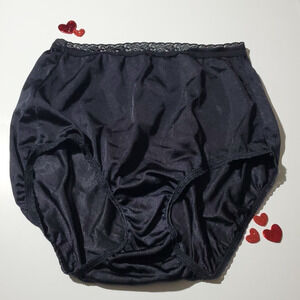 Vintage Granny Panty Brief SMOOTH BLACK SATIN Sissy High-Rise Waist Nylon MEDIUM
